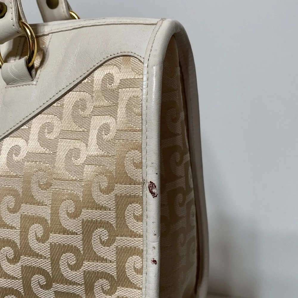 Vintage Pierre Cardin 1970’s Monogram Canvas and Leather Satchel Purse in Ivory